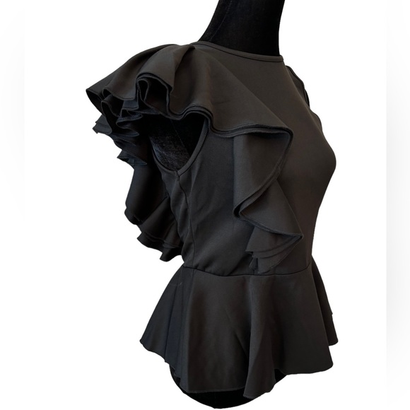 Black Layered Side Ruffle Stretch Peplum Top - Picture 10 of 10